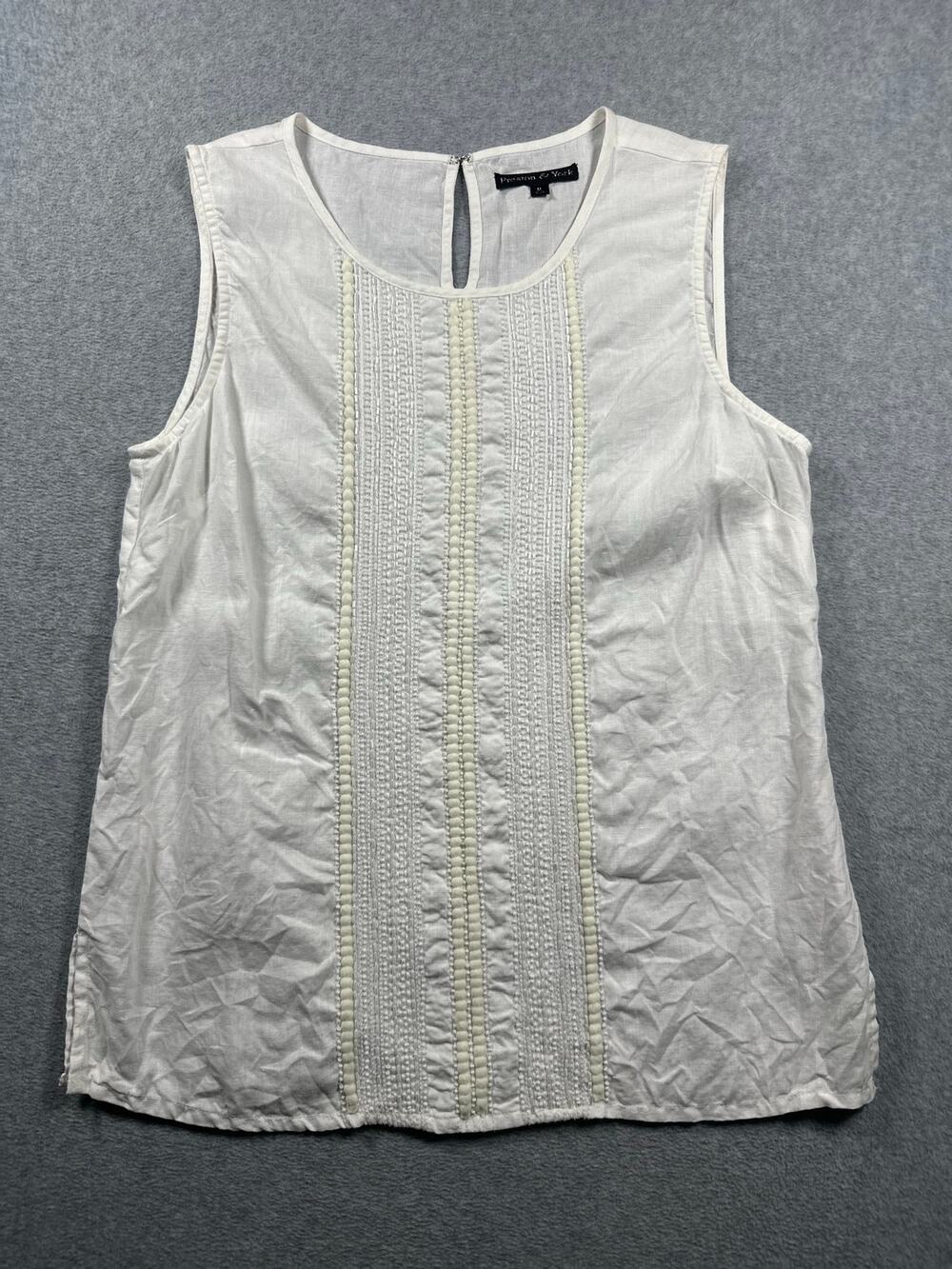 Preston & York 100% Linen Blouse Women's Medium Off White Sleeveless Beaded